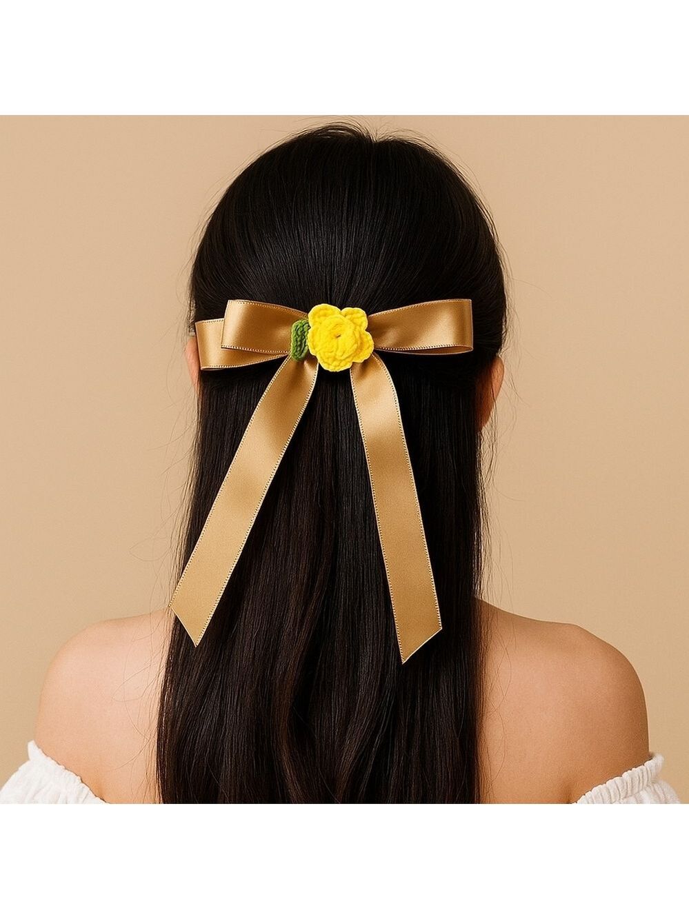 Gold Bow Hair Clip Yellow Crochet Rose Handmade
